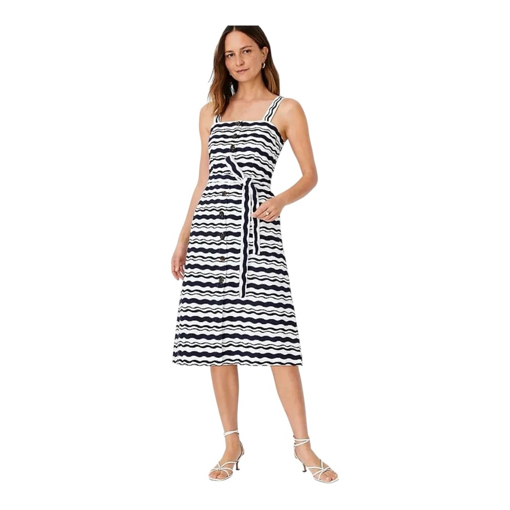 Ann Taylor Navy White Wave Stripe Button Front Belted Dress XL